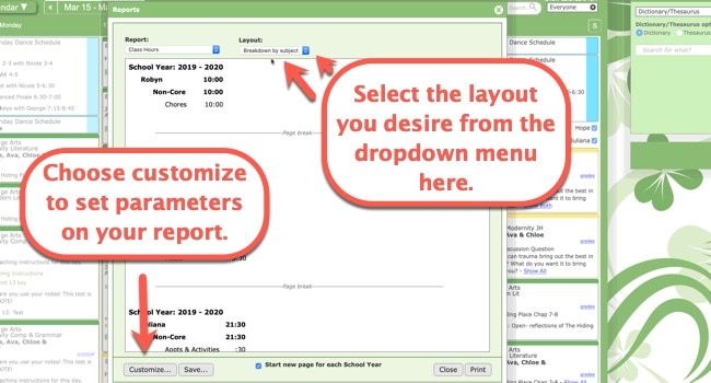 Printing Class Hours Reports in Homeschool Planet step 2