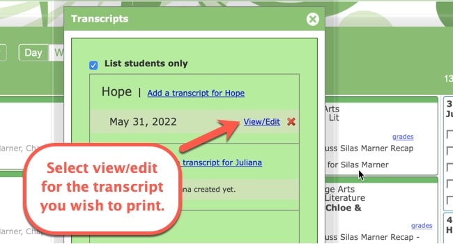 Printing Transcripts in your homeschool planner screenshot 2