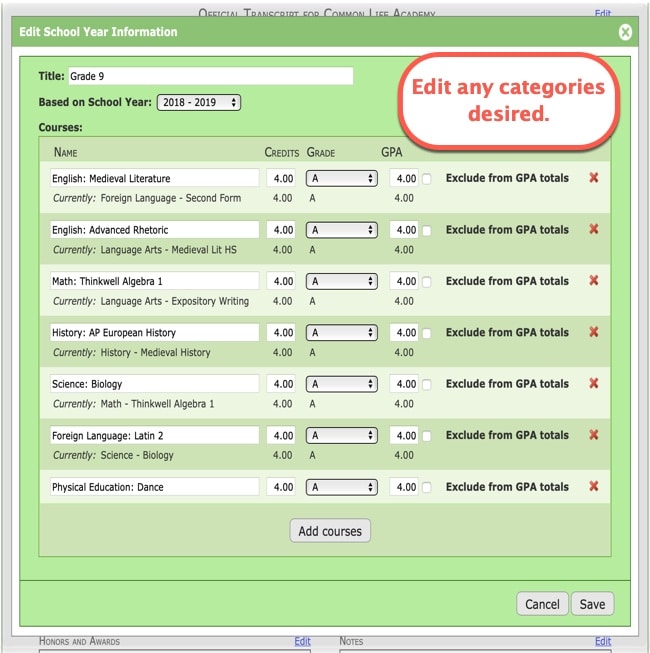 Creating Transcripts in your homeschool planner step 5