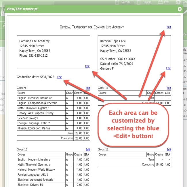 Creating Transcripts in your homeschool planner step 4