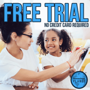 Teacher and student look at a tablet during a free-trial promo; overlaid text reads 'FREE TRIAL' and 'NO CREDIT CARD REQUIRED' with Homeschool Planet logo in corner.