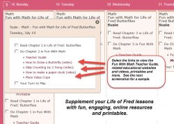 Homeschool Planet Fun with Math for Life of Fred Butterflies weekly view with pop-up screenshot button