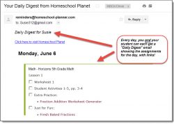 Homeschool Planet Horizons Math email digest screenshot button