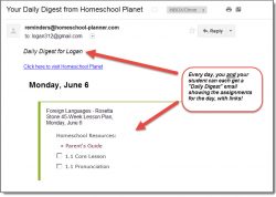 Homeschool Planet Rosetta Stone daily digest email screenshot button