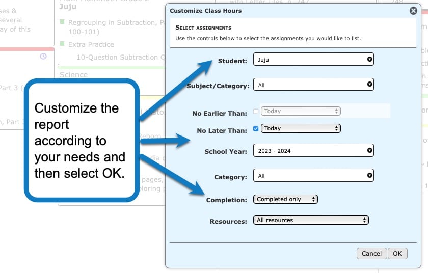 Generating a Class Hours Report in Homeschool Planet 3 screenshot