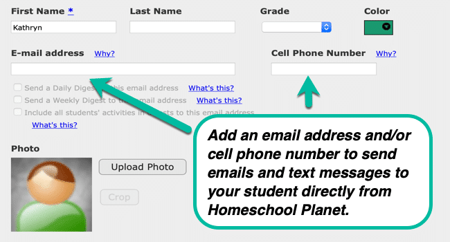 Adding an email address/phone number to send messages to your student from Homeschool Planet