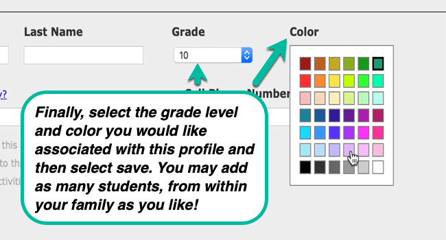 Selecting grade number and color you would like to associate with the profile