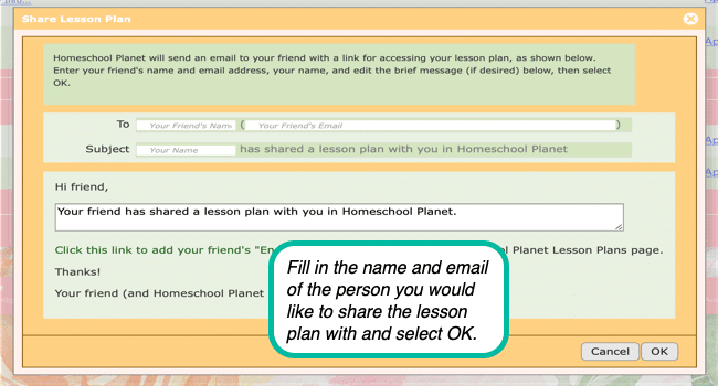 Fill in the name and email of the person you would like to share the lesson plan with and select OK.