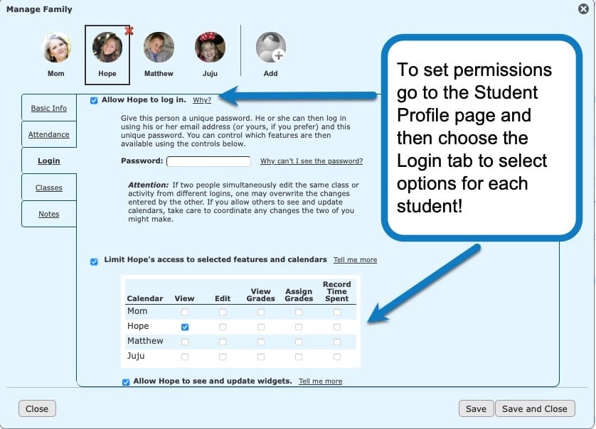 Assigning student permissions in Homeschool Planet screenshot 1