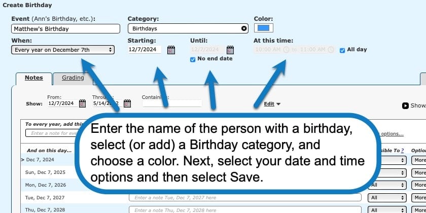 Adding a birthday in Homeschool Planet screenshot 2