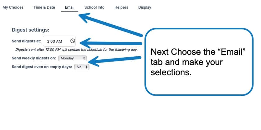 Instructional UI: Email tab highlighted with Digest settings (send at 3:00 AM, weekly on Monday, and 'No' for empty days).