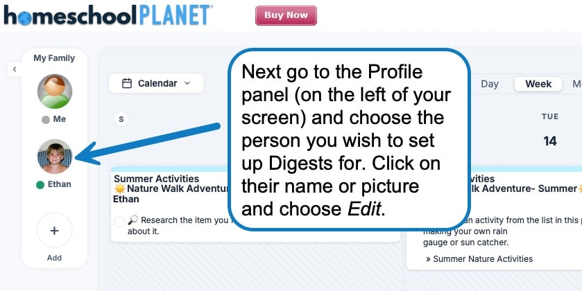 Tutorial screenshot from Homeschool Planet: left profile panel with Me and Ethan, blue arrow pointing to Ethan's profile
