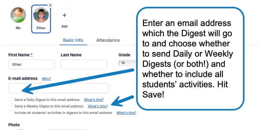 Roster form showing an email address field with options to send Daily or Weekly Digests to that address.