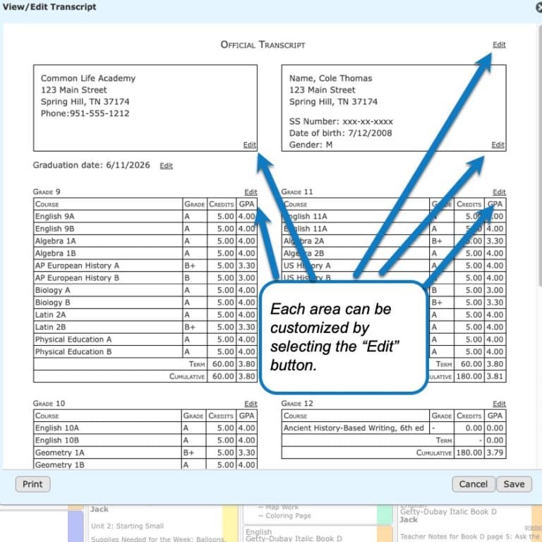 Creating Transcripts for your Student in Homeschool Planet