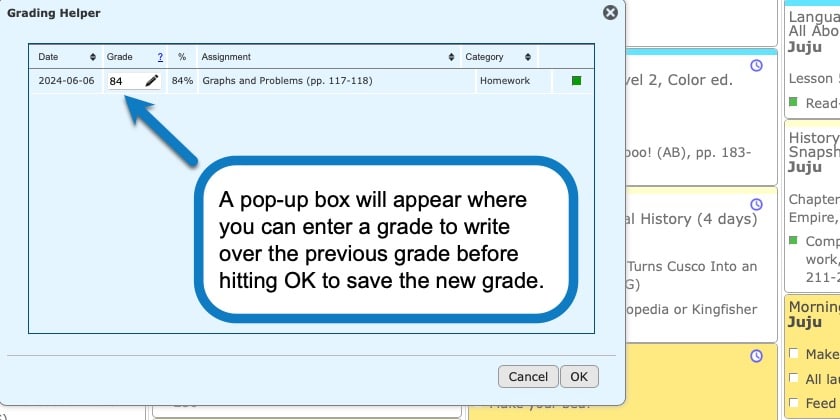 Instructions for editing a grade in Homeschool Planet 2