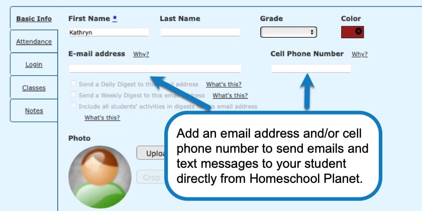 Adding an email address/phone number to send messages to your student from Homeschool Planet