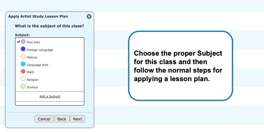 Button for selecting the proper subject of a class Homeschool Planet