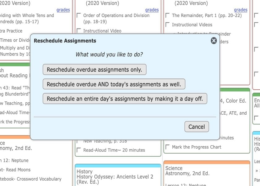 Homeschool Planet Rescheduling Helper screenshot button