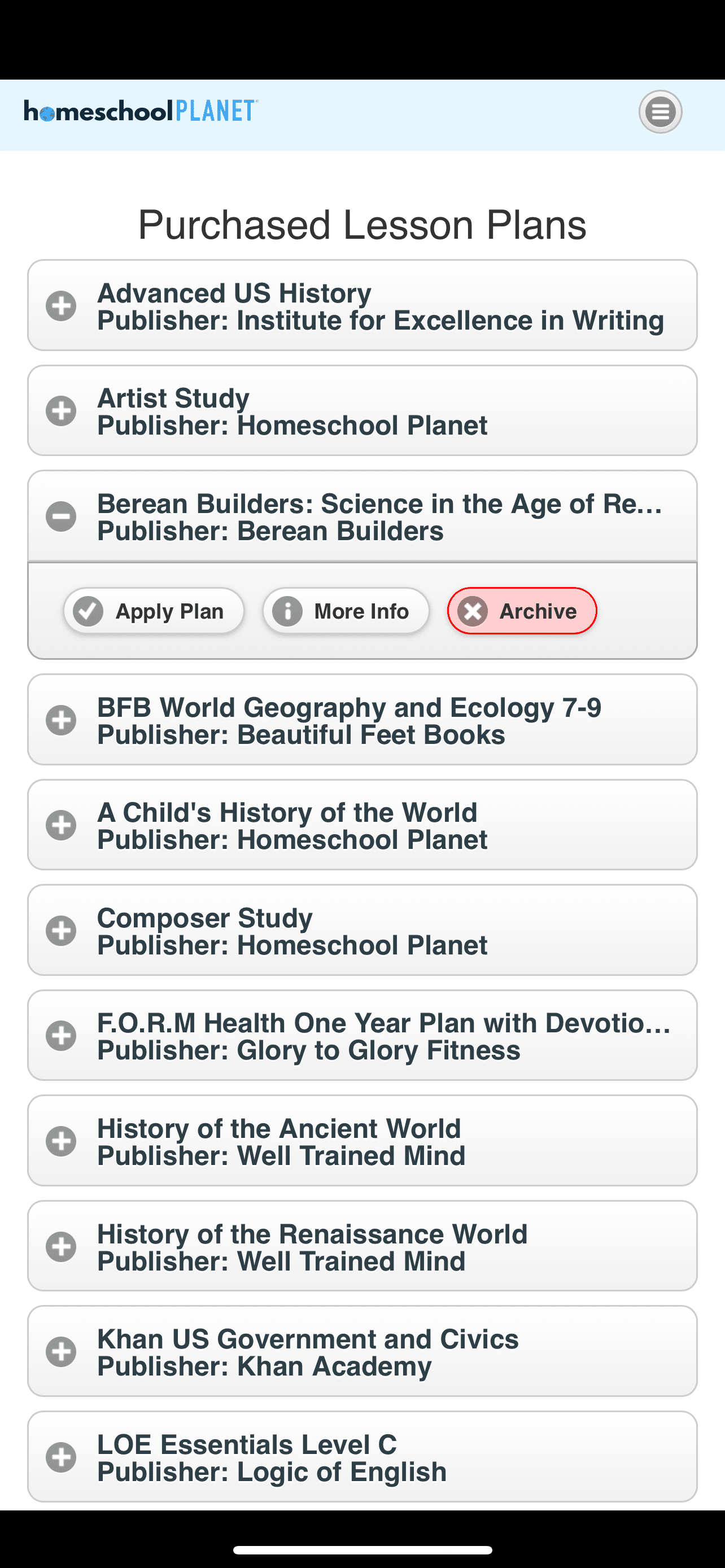 Purchased Lesson Plans - Homeschool Planet App