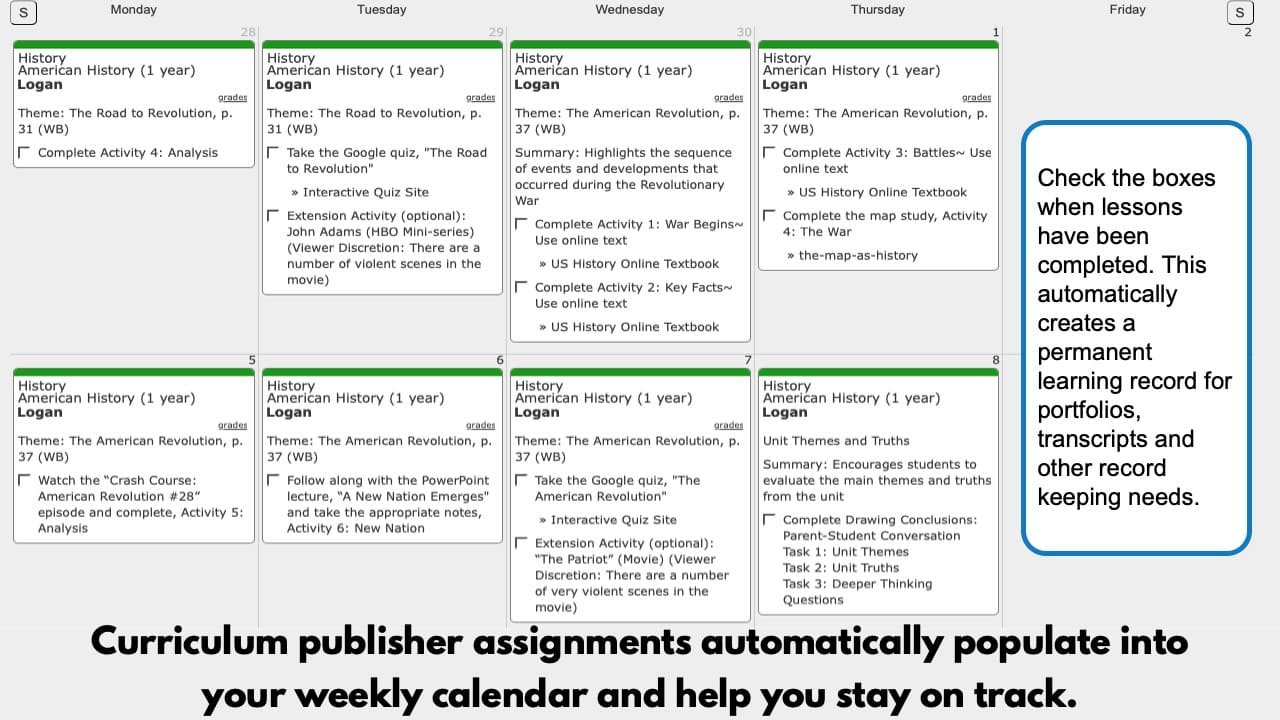 Homeschool American History Weekly View
