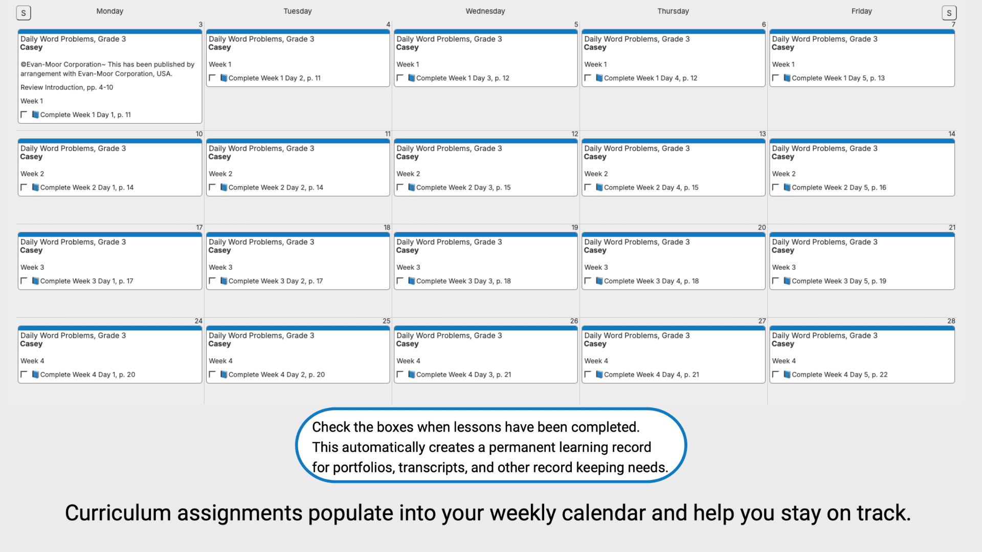 Evan-Moor Math Weekly View