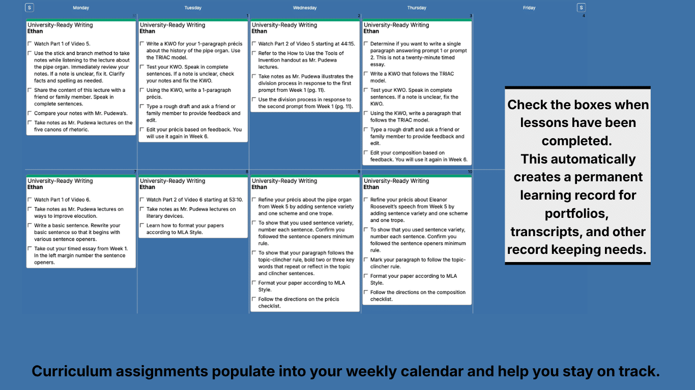 Universtity-Reading Writing Weekly View
