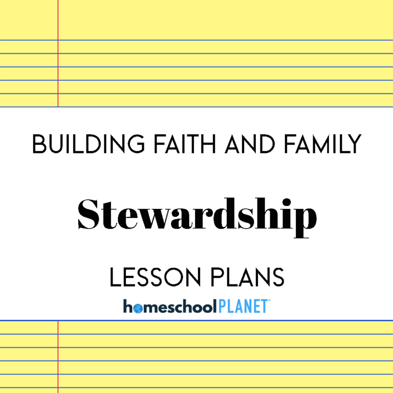Cover slide: 'Building Faith and Family' with large 'Stewardship' text and 'Lesson Plans' subtitle, plus the homeschoolPLanet logo.