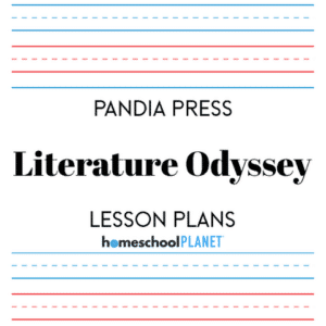 Cover of a teaching guide: 'Literature Odyssey' by Pandia Press, with 'Lesson Plans' and a small Homeschool Planet logo.