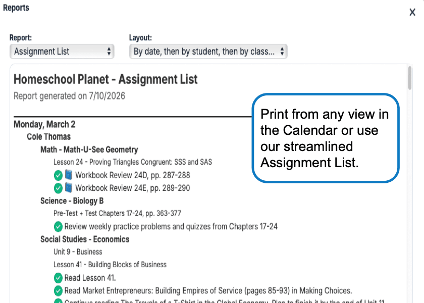 Homeschool Planet assignment list report for Cole Thomas with Math, Science, and Economics sections, print-ready layout.