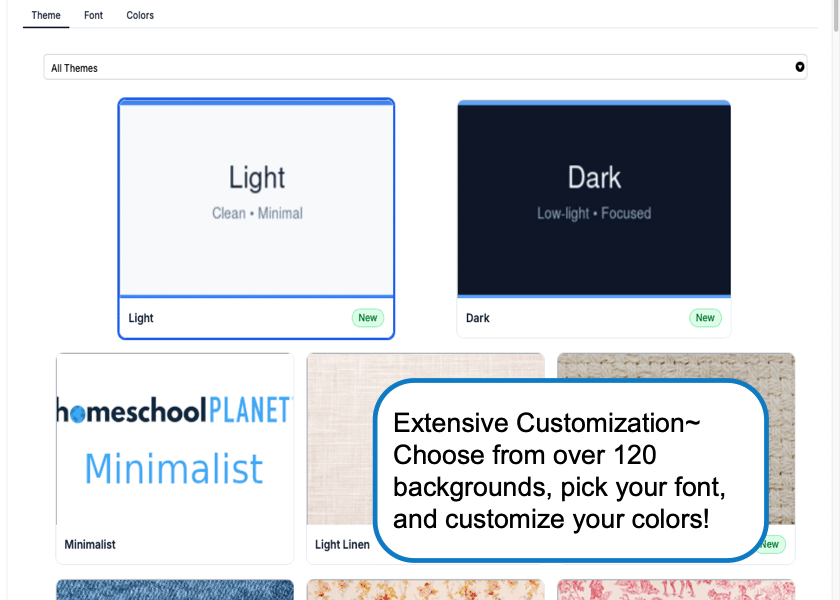 Gallery of website themes: two preview cards for Light and Dark themes, with a blue outline on Light and labels underneath.