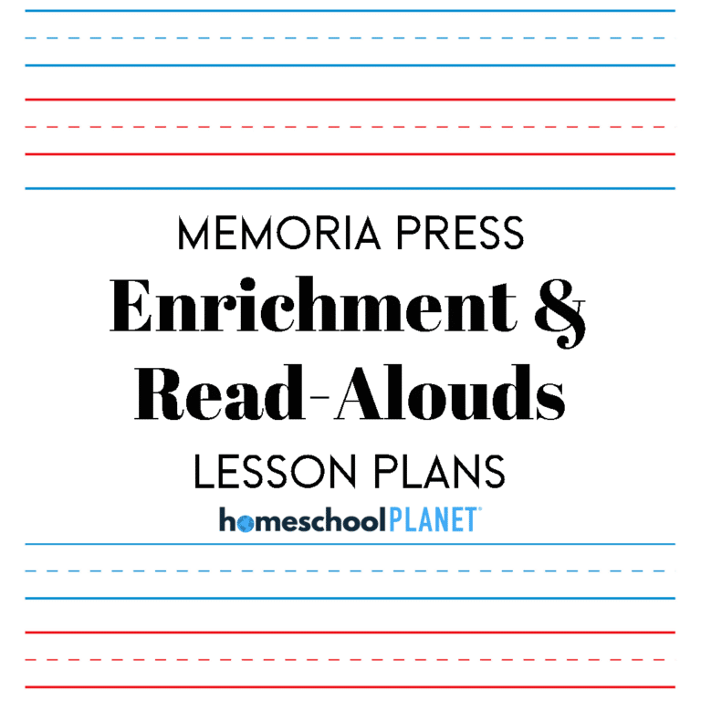 Cover page for Memoria Press Enrichment & Read-Alouds Lesson Plans from Homeschool Planet with decorative blue and red lines and logo