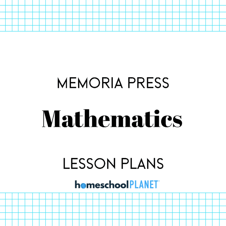 Cover page titled 'Memoria Press Mathematics Lesson Plans' from Homeschool Planet, with blue grid borders at the top and bottom.
