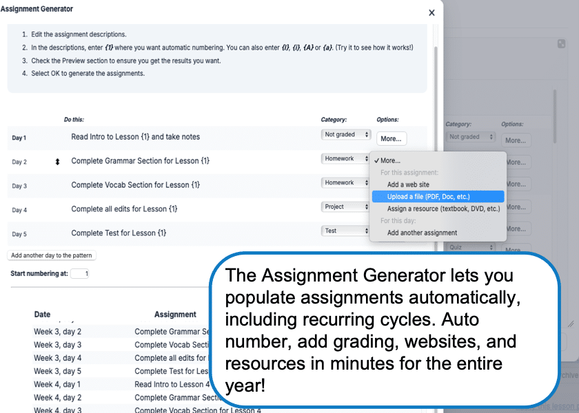 Screenshot of the Assignment Generator tool showing setup steps and a sample Day 1–Day 5 plan, with a speech bubble about auto-populating yearly assignments.