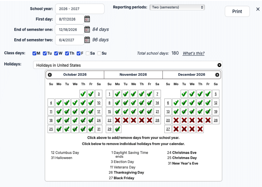 School year calculator UI for 2026–2027 with semesters, class days, holidays, and a calendar grid.