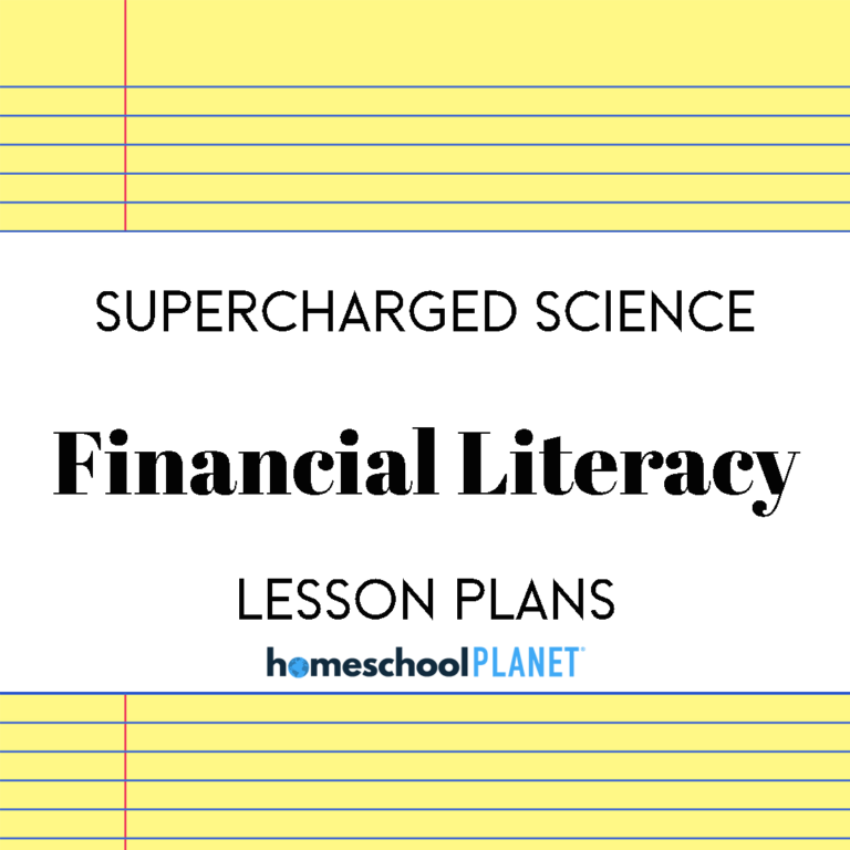 Cover page titled 'Supercharged Science Financial Literacy Lesson Plans' with the homeschoolPlanet logo; yellow notebook-paper borders in the background.