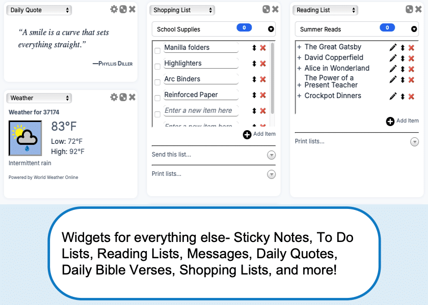 Dashboard with multiple widgets: daily quote, weather, shopping list, and reading list panels; bottom banner promotes various widgets like sticky notes and to-do lists.