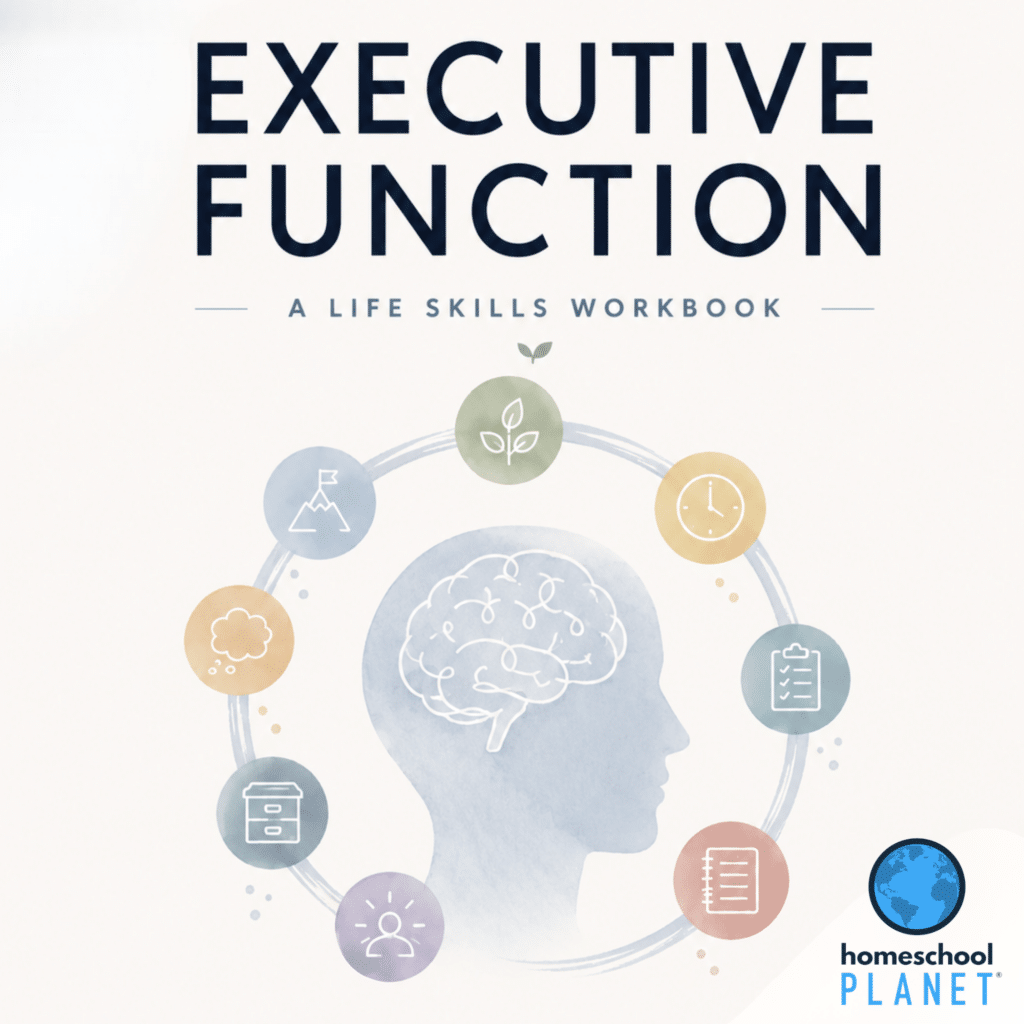 Book cover reading'Executive Function: A Life Skills Workbook' with a large brain illustration and colorful circular icons around it.