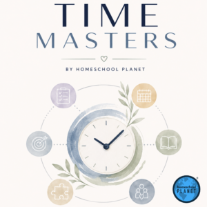 Time Masters by Homeschool Planet cover with a clock and circular icons for planning and calendar elements.