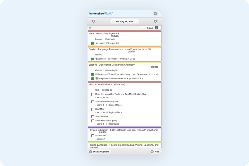 featurescardapp - Homeschool Planet Homeschool Planet mobile app on a phone showing a student's daily assignment checklist with color-coded subjects and check-off boxes.