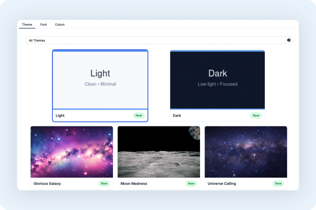 featurescardnewlook - Homeschool Planet Homeschool Planet theme picker showing Light and Dark themes plus photo backgrounds like Glorious Galaxy, Moon Madness, and Universe Calling, used to personalize the planner's colors, fonts, and look.