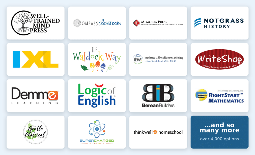 Homeschool curriculum publisher logos in the Homeschool Planet Lesson Plan Marketplace — over 4,000 lesson plan options.