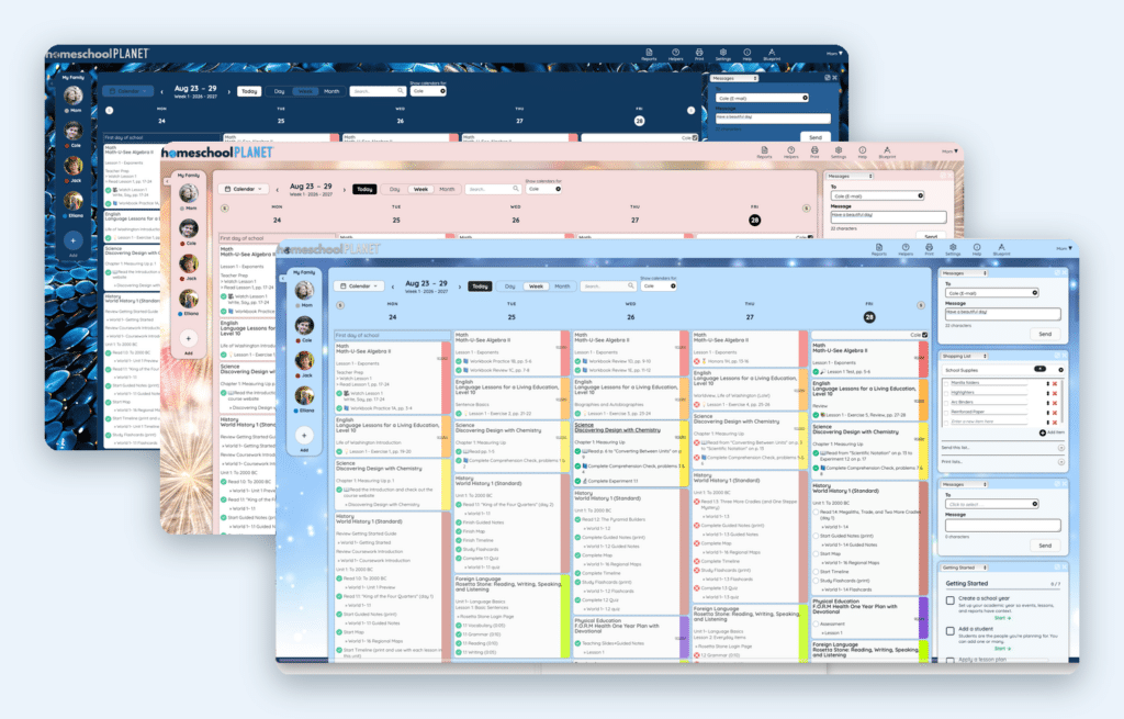The same Homeschool Planet weekly planner shown in three color themes — galaxy, blush, and light blue.