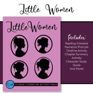 Pink book cover for 'Little Women' activity pack featuring four silhouette portraits in ovals; includes reading schedule, prompts, and chapter activities.
