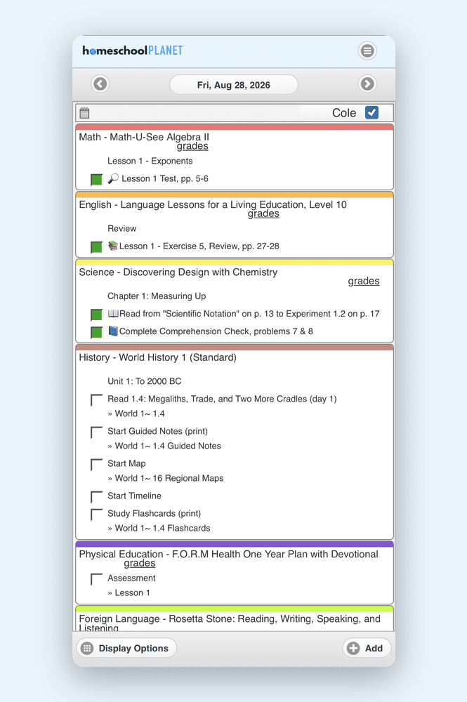 features-home-app-phone-tight - Homeschool Planet Homeschool Planet mobile app on a phone showing a student's daily plan with color-coded subjects and check-off boxes.