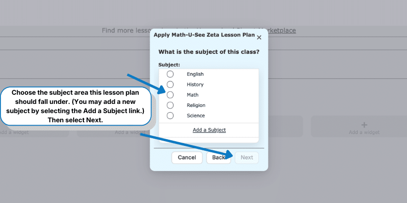Selecting the subject of the lesson plan you’re applying