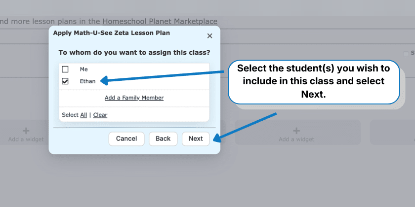 Selecting the student(s) you wish to include in a class while applying a lesson plan