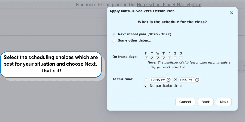 Selecting date options while applying a lesson plan