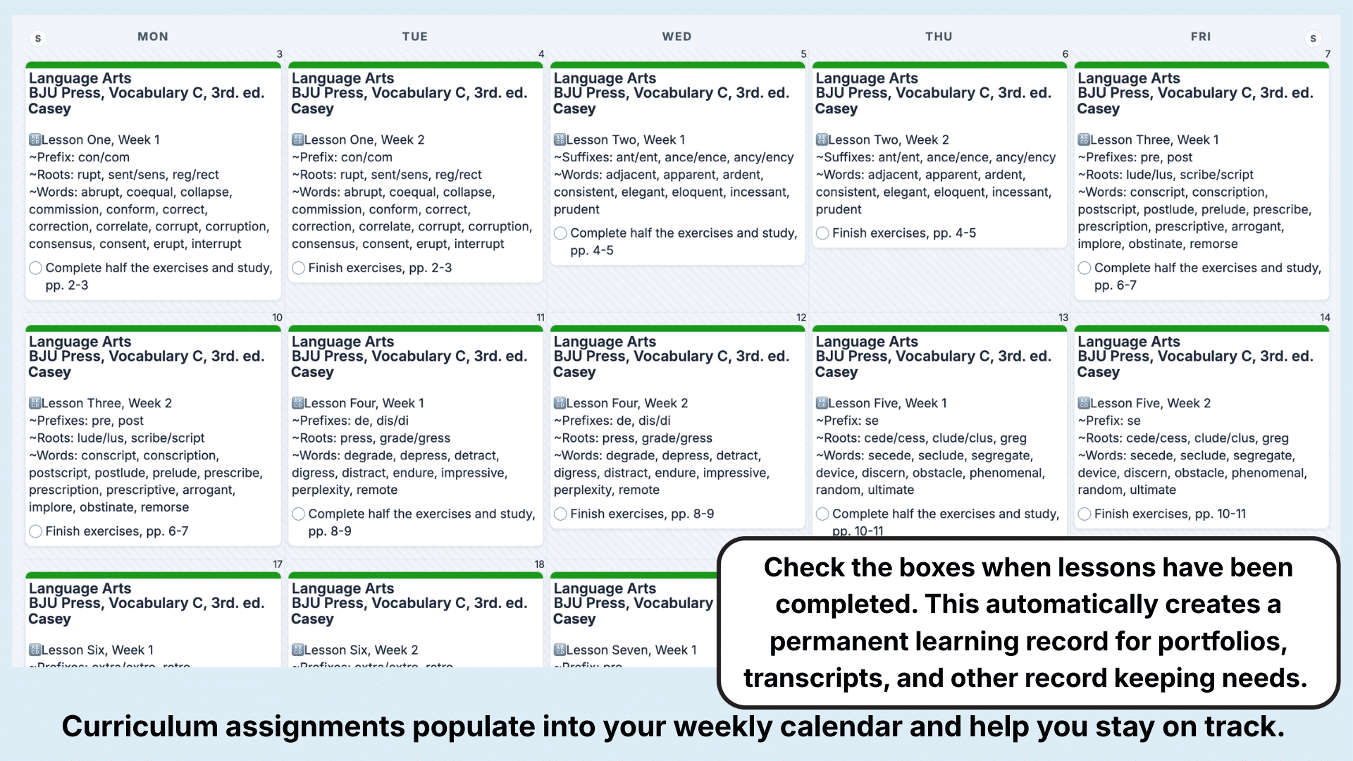 BJU Press Vocabulary Weekly View