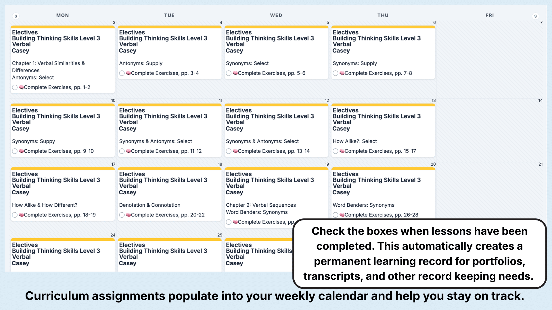 Building Thinking Skills Weekly View