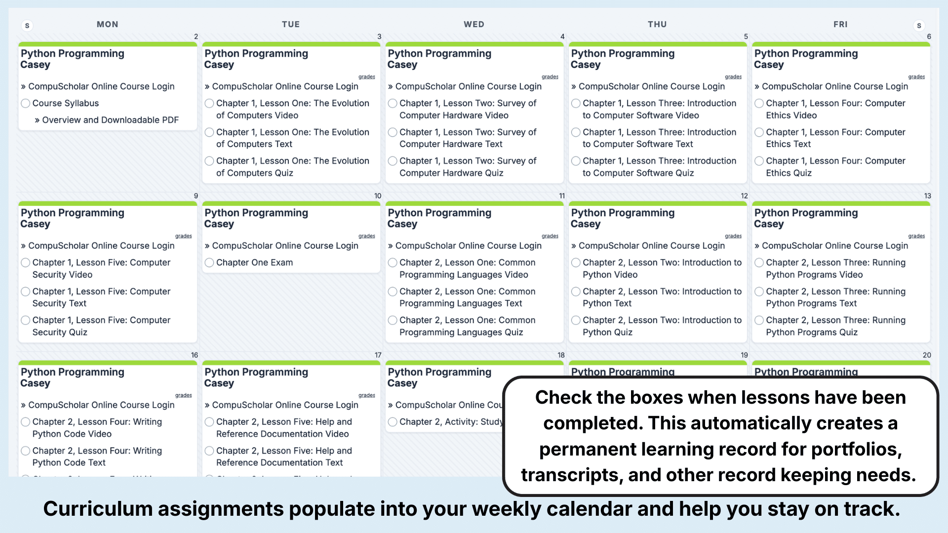 CompuScholar Weekly View